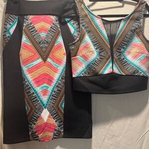 bebe Skirt Set - Spandex skirt, Sexy Mesh Top-Black and Multicolor Geometric